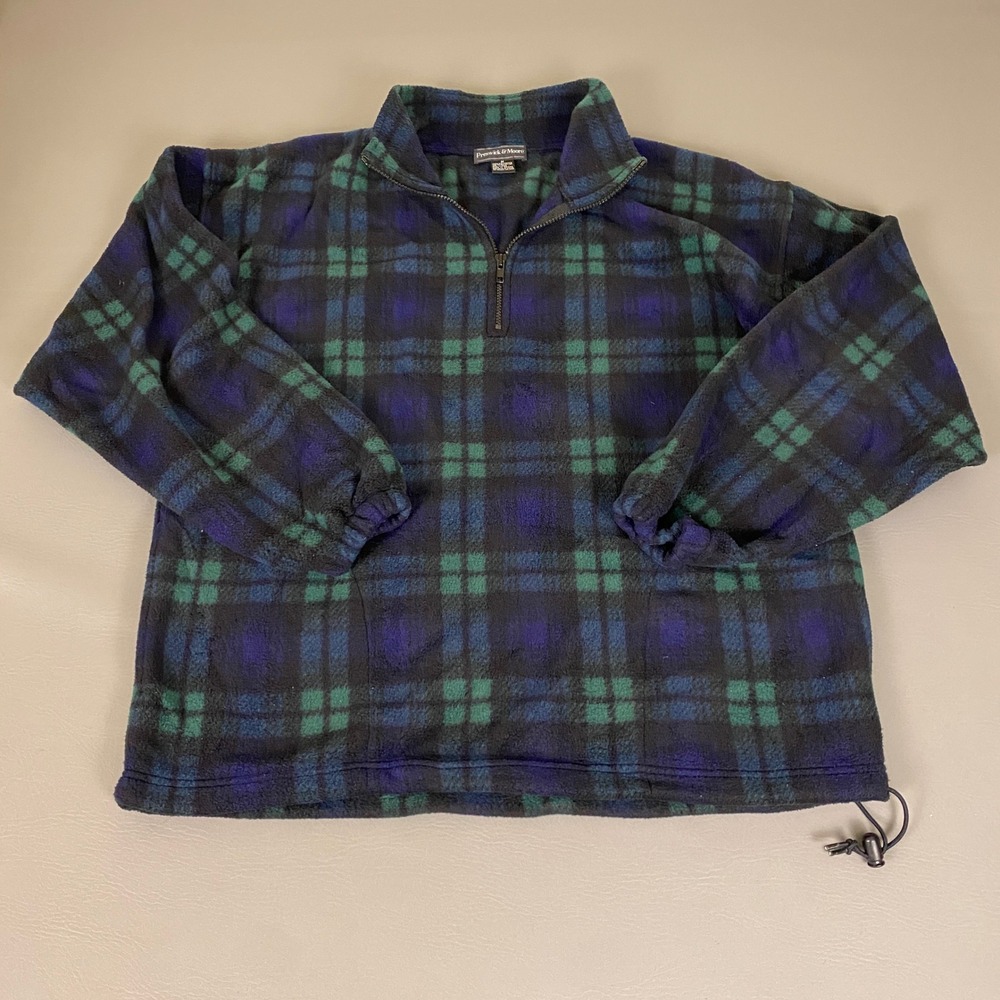 Preswick & Moore Fleece Pullover Mens Size Medium 1/4 Zip Plaid Blue Green Black